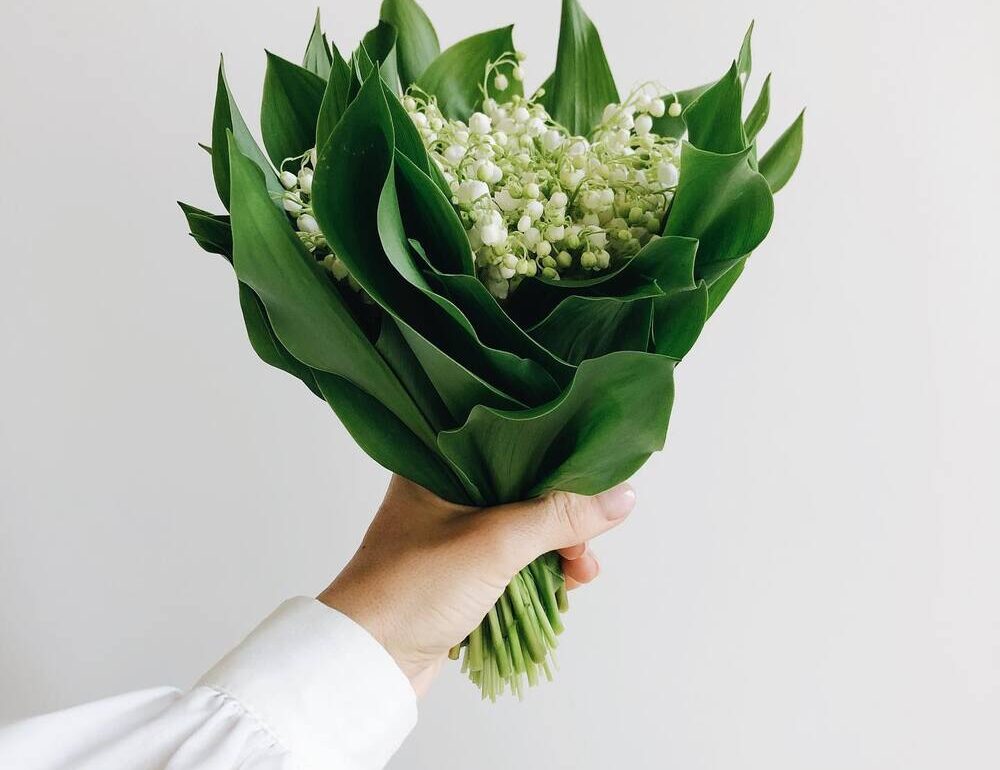 hand holding a bouquet of lily of the valley