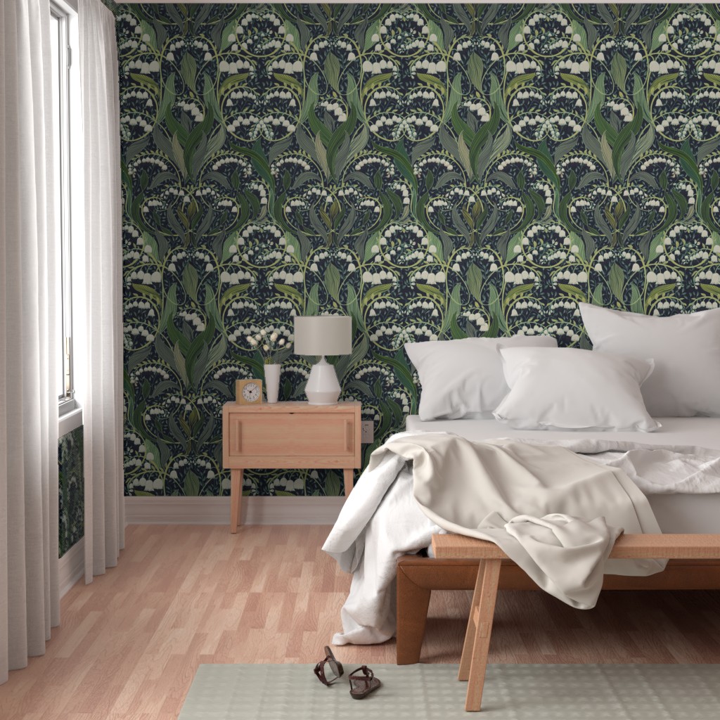 Bedroom decorated with Lily of the Valley wallpaper